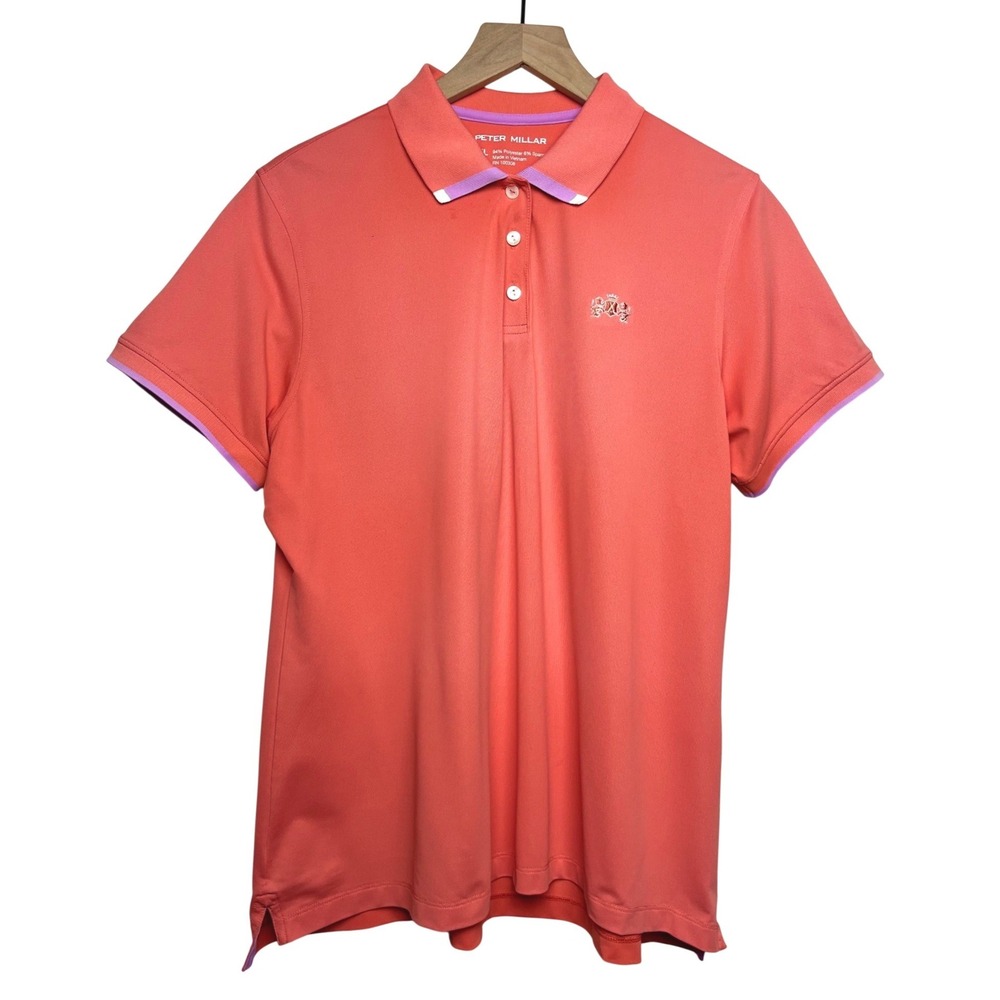 Peter Millar Mens XL Coral Pink Performance Golf Polo Shirt Tipped Collar Orange